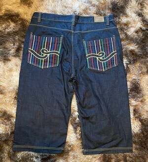 Vintage Russo J&J Baggy Denim Jean Shorts with Embroidered Multi-Color Stripes